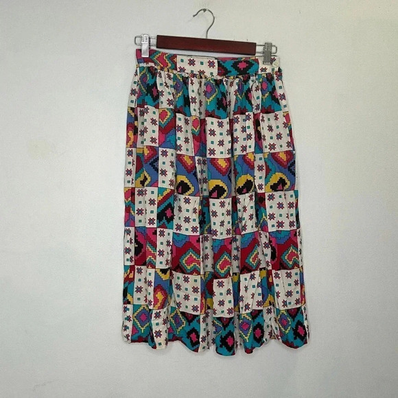 Vintage 80s 90s Ms Chaus Geometric Aztec Print Midi Skirt Size 8 SEE PHOTOS - Picture 1 of 9
